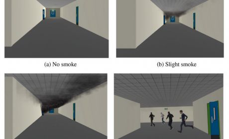 Rys. 2. Dym i awatary w wirtualnym środowisku. Rys. a) - korytarz bez dymu, b) - lekkie zadymienie, c) - duże zadymienie, d) - inne osoby w otoczeniu źródło: Meiqing Fu, Rui Liu, Yu Zhang, Why do people… [6], s. 5.
