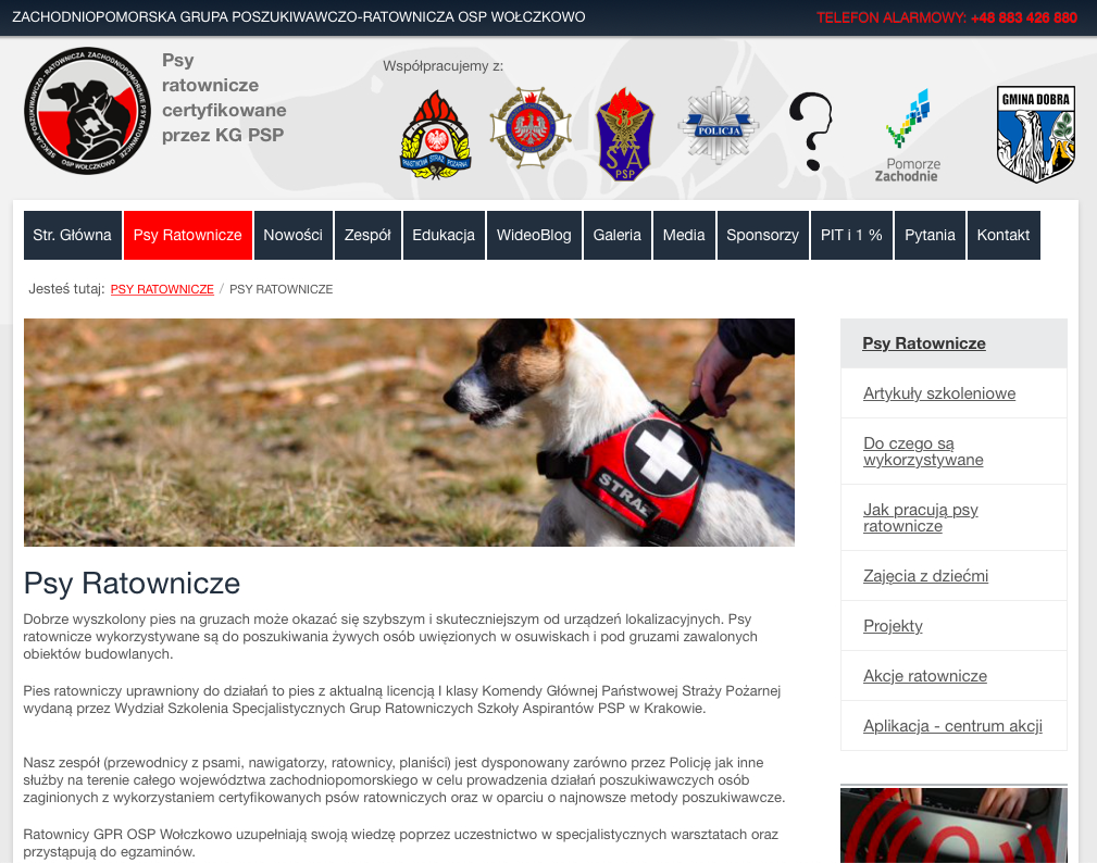 strona www Psy ratownicze certyfikowane przez KG PSP