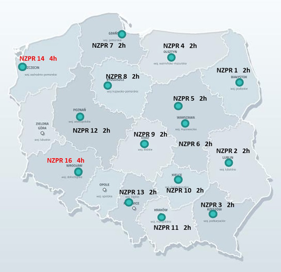 Rozmieszczenie NZPR wraz z czasem gotowości / Źródło: Polska Agencja Żeglugi Powietrznej