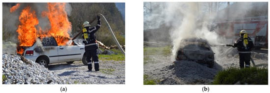 Fot. 5. Próby z gaszeniem pożaru magnezu (15 kg) wewnątrz samochodu. Płatki celulozy były w stanie stłumić płomienie / źródło: Hagauer J., Matlschweiger U., Tippelreither C., Lutz M., Hribernig T., Lackner M., Controlling Metal Fires through Cellulose Flake Blanketing Followed by Water Spray Cooling. „Fire” 2022, 5, 83. https://doi.org/10.3390/fire5030083