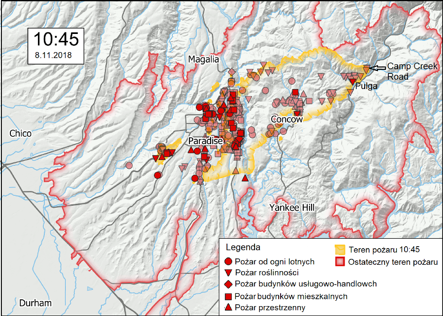 Mapa pokazuje okolicę Camp Creek Road, z której pożar rozprzestrzeniał się na pobliskie miejscowości: Pulga, Concow, Paradise, Magalia i Yankee Hill. Stan na godz. 10.45; wyblakłe symbole pokazują obserwacje z poprzednich godzin/ fot. opracowanie własne na podstawie materiałów Narodowego Instytutu Standaryzacji i Technologii (NIST)