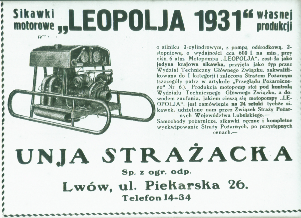 Reklama motopompy Leopolia firmy Unia Strażacka ze Lwowa