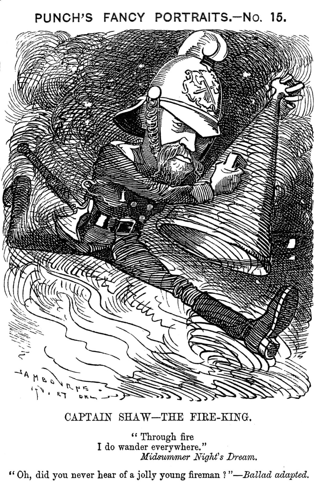 Grafika Kapitan Shaw - Król ognia Edwarda Linleya Sambourne’a w brytyjskim tygodniku satyrycznym „Punch, or The London Charivari”, 1881 fot. Wikipedia / domena publiczna