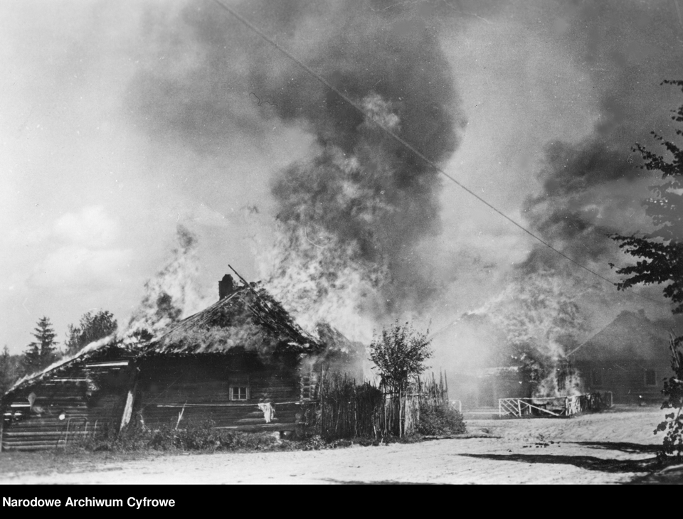 Tak wygląda płonąca wieś. Na zdjęciu pożar wsi na froncie wschodnim, 1942 fot. NAC
