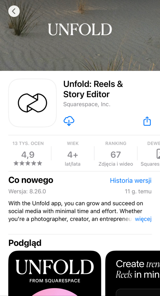 Aplikacja Unfold w sklepie AppStore