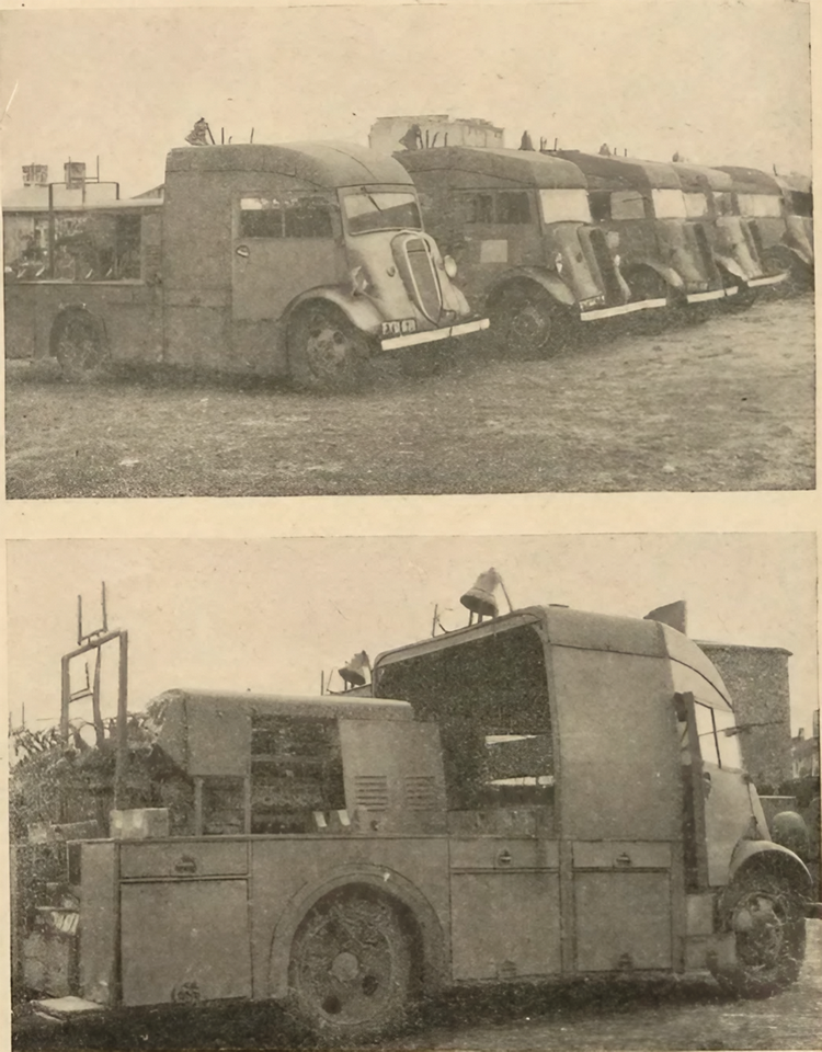 Na fotografiach prasowych znajdują się samochody pożarnicze rozmieszczone na placu Centralnej Szkoły Pożarniczej w Warszawie, 1948 r. za: „Stolica. Warszawski Tygodnik Ilustrowany” 1948, r. 3, nr 7 