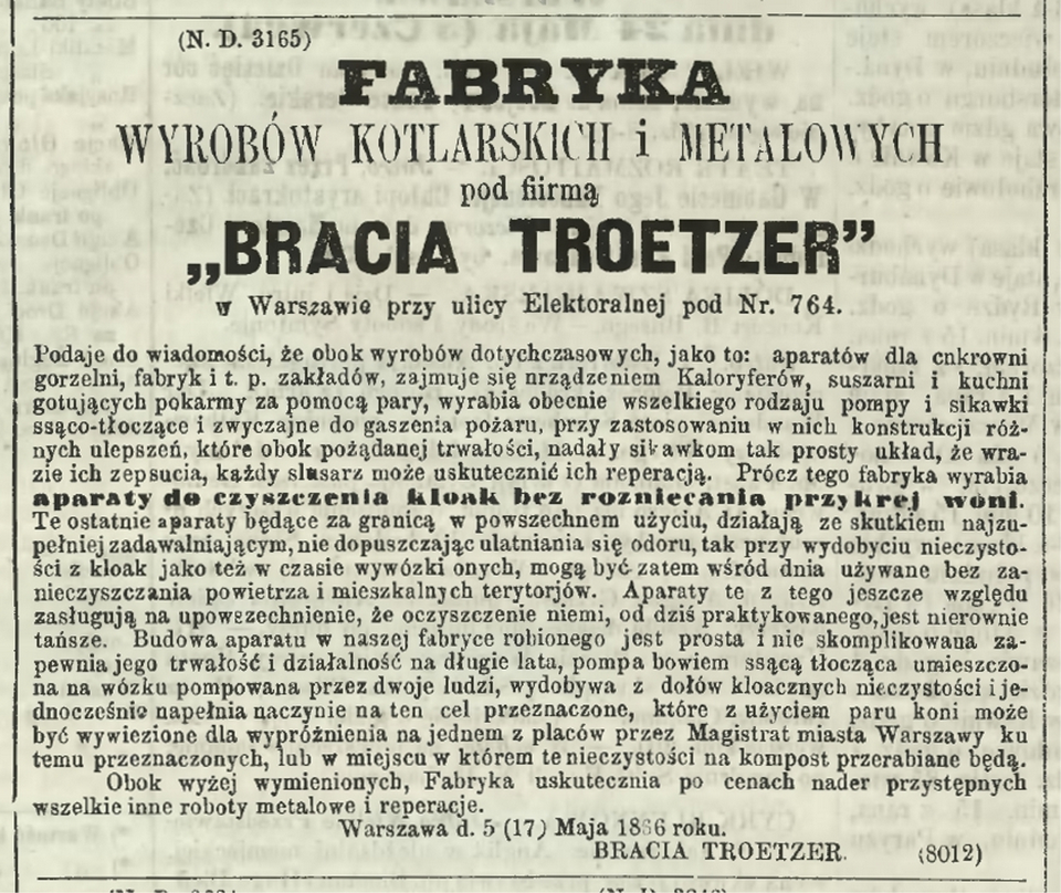 Ogłoszenie fabryki Braci Troetzer, „Dziennik Warszawski” 1866, nr 122