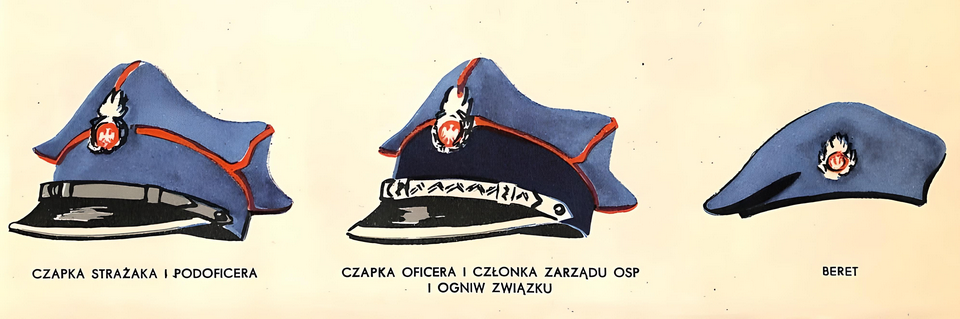  Wzory czapek mundurowych OSP według „Regulaminu odznaczeń, sztandarów, umundurowania i dystynkcji Związku Ochotniczych Straży Pożarnych”, wz. 59, Polska. 