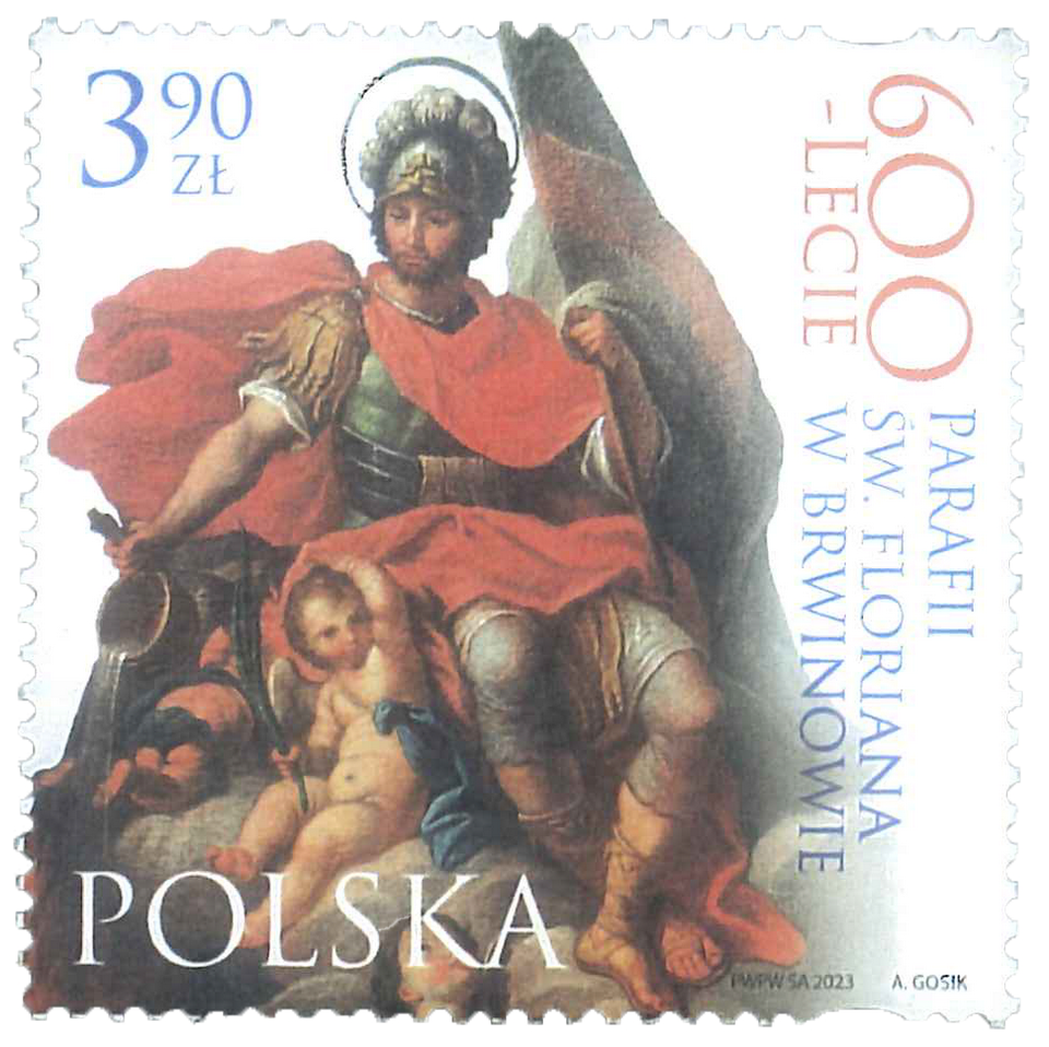 znaczkek ze świętym Florianem wydany z okazji jubileusz 600-lecia parafii św. Floriana w Brwinowie k. Warszawy 
