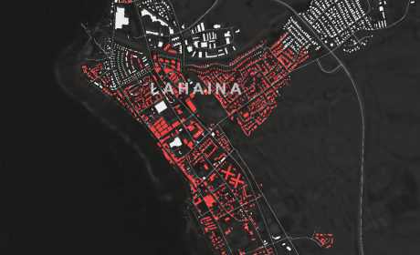 Mapa z zaznaczonymi budynkami, które uległy całkowitemu zniszczeniu przez pożar w Lahainie  fot. Wikiwillz, Wikipedia, CC BY-SA 4.0
