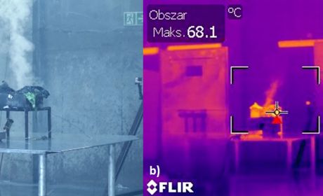 Fot. 6. a) dym unoszący się bezpośrednio po zakończeniu gaszenia, b) wzrost temperatury na powierzchni modułu po zakończeniu działań gaśniczych (widok z kamery IR) fot. materiał własny CNBOP-PIB