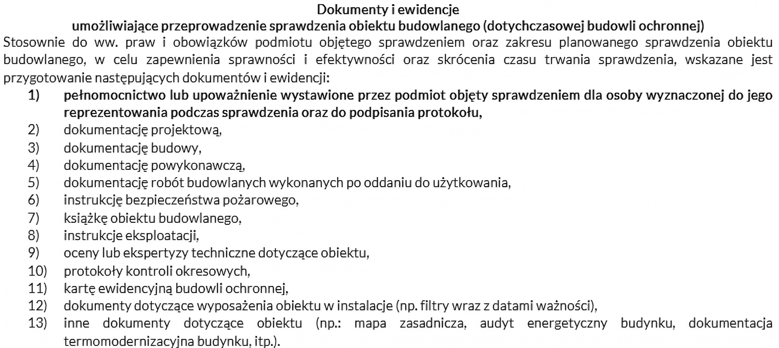 Zdjęcie przestawiające wykaz dokumentów pomocnych przy dokonywaniu sprawdzenia budowli ochronnych