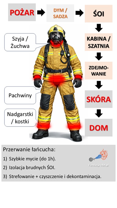 Najbardziej narażone obszary skóry (szyja/żuchwa, nadgarstki, pachwiny, kostki) oraz kontakt z kontaminowanym sprzętem stanowią istotną drogę wtórnej ekspozycji. Oprócz inhalacji droga dermalna odgrywa dużą rolę w kumulowaniu toksyn / źródło: opracowanie własne Sylwetka strażak w ubraniu specjalnym z przedstawieniem najbardziej narażonych obszarów skóry.