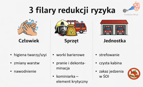 Schemat przedstawiający trzy filary ryzyka: człowiek (donie podczas mycia), sprzęt (hełm strażacki, samochód bojowy), jednostka (samochody bojowe w garażu).)