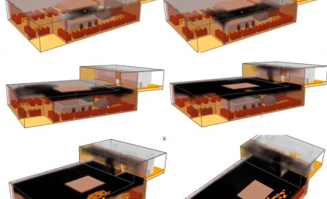 Symukacja rozprzestrzeniania się pożaru przedstawiona na 6 schematach.
