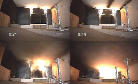 Symulacja pożaru spowodowanego przez użycie pirotechniki w klubie nocnym. National Institute of Standards and Technology (Narodowy Instytut Norm i Technologii), NIST źródło: https://www.youtube.com/watch?v=IxHuT6bjsRk Symulacja pożaru przedstawiona na ośmiu zdjęciach.