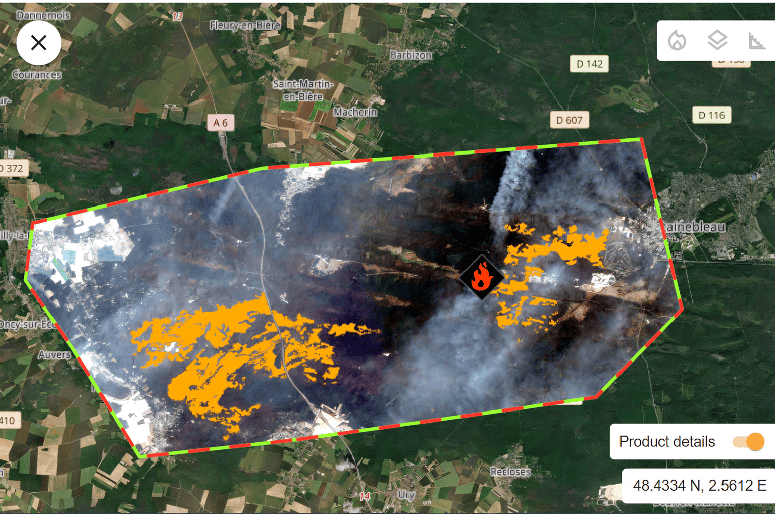Przykładowa mapa – pożar lasu w Fontainebleau, Francja, 13 lipca 2026 r. Źródło: COPERNICUS