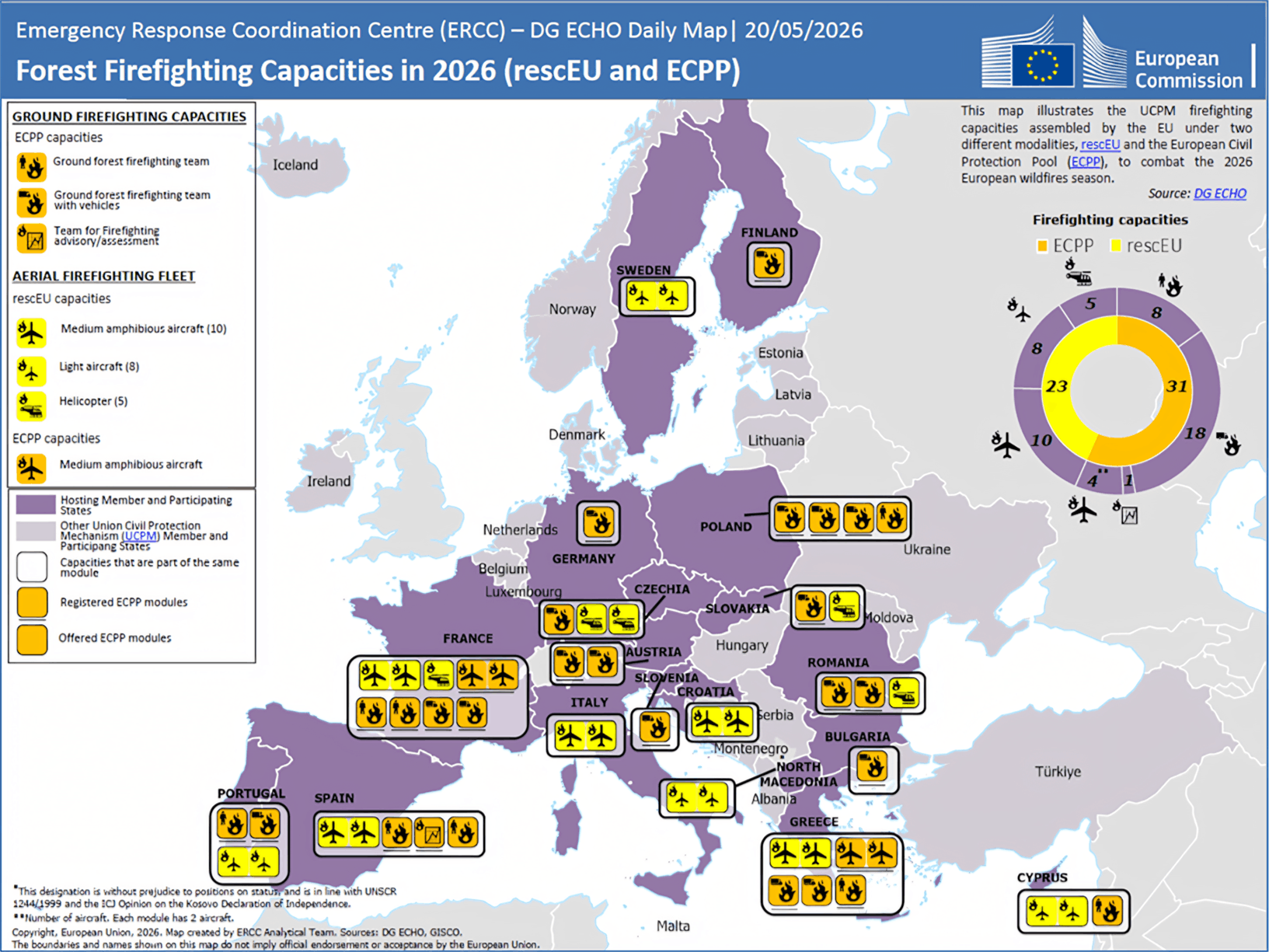 Potencjał w zakresie gaszenia pożarów lasów w 2026 r. w Europie (rescEU i ECPP) na dzień 20 maja 2026 r. Źródło: DG ECHO Potencjał w zakresie gaszenia pożarów lasów w 2026 r. w Europie (rescEU i ECPP) na dzień 20 maja 2026 r. Źródło: DG ECHO
