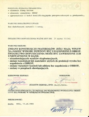 Świadectwa dopuszczenia OBROP/CNBOP / źródło: archiwum CNBOP-PIB