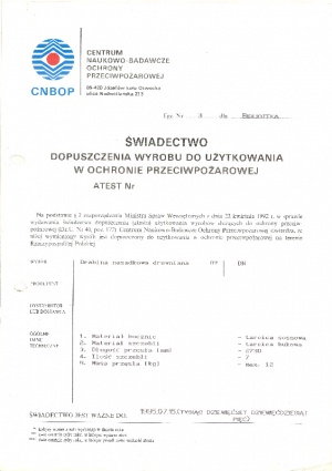 Świadectwo dopuszczenia (atest) / źródło: archiwum CNBOP-PIB