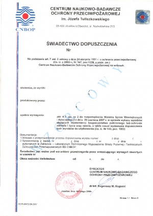 Świadectwo dopuszczenia / źródło: archiwum CNBOP-PIB (1)