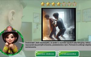 Asystent w formie maskotki komentuje odpowiedzi gracza