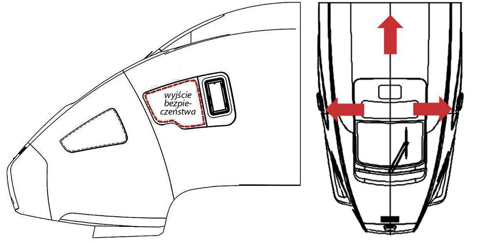 Rys. 7. Umiejscowienie okien bocznych służących jako wyjścia bezpieczeństwa w kabinie maszynisty w pojeździe Dart, źródło: PESA Bydgoszcz SA